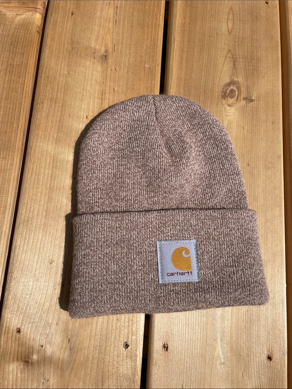 Carhartt Heather Brown Cuffed Knit Beanie with Yellow Logo